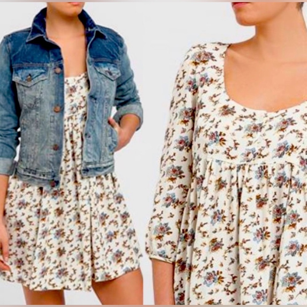 Ralph Lauren Denim & Supply Floral Babydoll Mini Dress Boho Cream Blue Pockets L